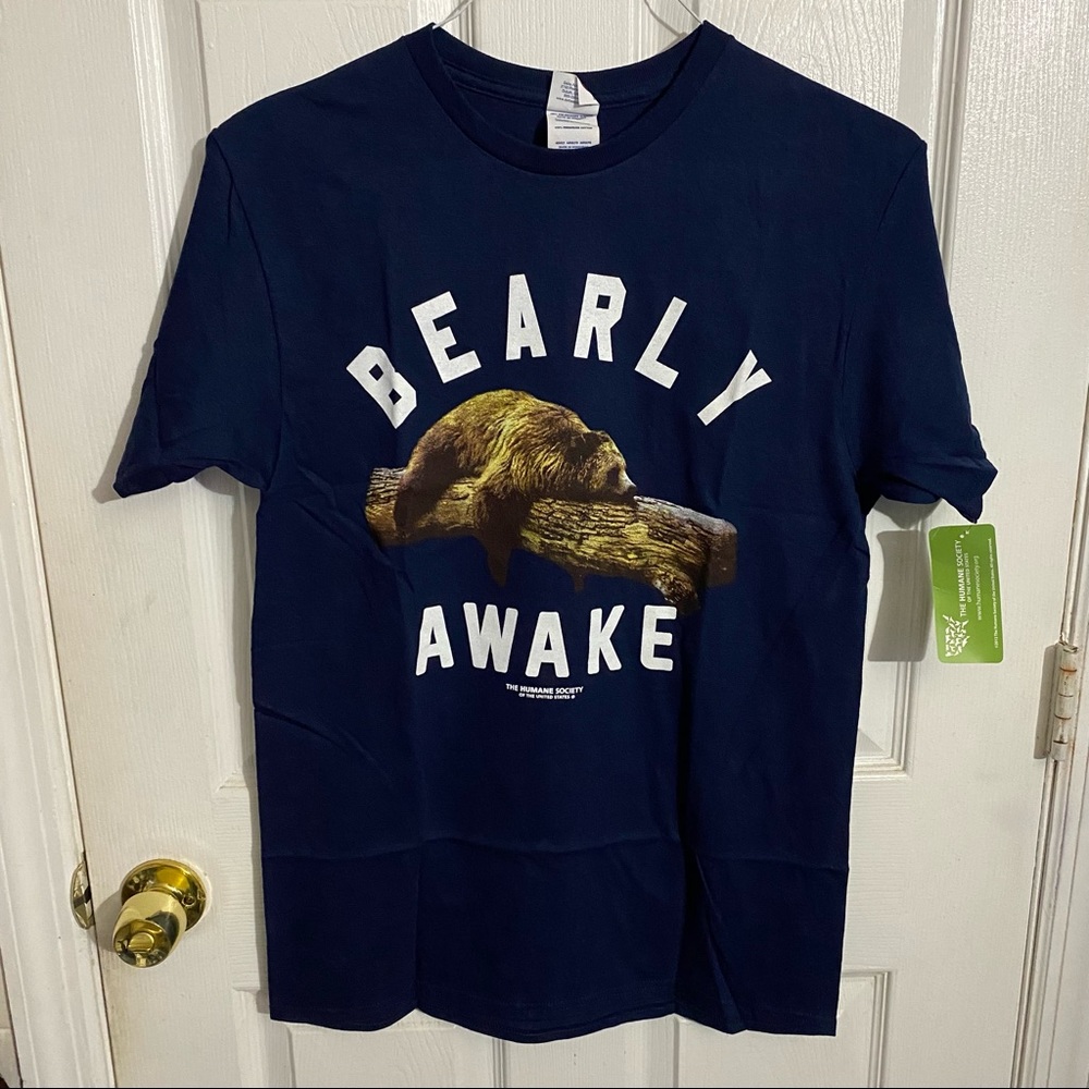 BEARLY AWAKE Funny Slogan Bear Graphic Blue Cotton T-Shirt Unisex-Adult Medium